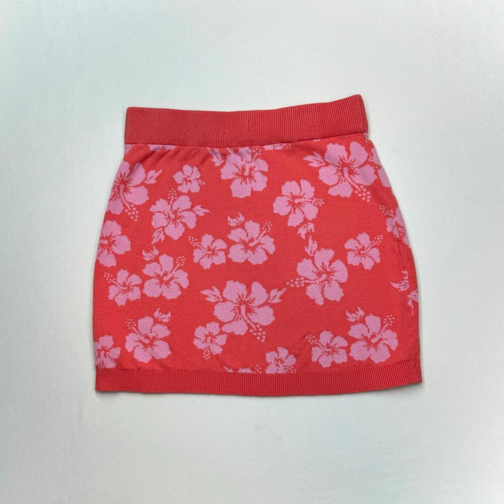 Art Class Hibiscus Knit Mini Skirt L 10/12 Red Pink Floral Y2K Coconut Girl Boho - Picture 5 of 10